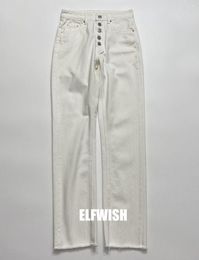 Women's Jeans Woman Fashion White DENIM Frayed Hem Front Lined Buttons Long Trousers