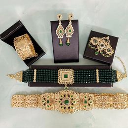 Wedding Jewellery Sets Moroccan Women s Robe Belt Luxury Gold Plated Inlaid Green Stone Bracelet Pendant Earrings Brooch Neck Chain Set 230920