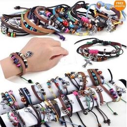 Mix order Multi styles 50pcs Men Women Braid Leather Cord Bead Cross Heart Bracelet Wristband Hemp Surfer255y