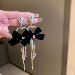 Dangle Earrings Exquisite Black Velvet Bow Tassel Crystal Drop Earring For Women Luxury Wedding Heart Rhinestone Long Pendant Jewellery