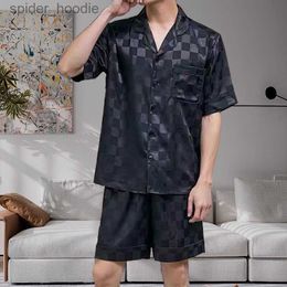 Women's Sleep Lounge Men Ice Silk Pyjama Set Sleepwear Pyjamas Nightclothes Shirts Shorts Black XL XXL 3XLSmooth Solid Colour Casual L230920