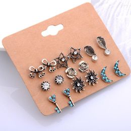 Stud Earrings Vintage Flower Bowknot Key Leaf Star Moon Study Sets Women Small Crystal Earring Fashion Jewelry Gift 9Pairs Mixed