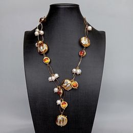 Chokers Y YING Freshwater Cultured White Biwa Pearl Brown Murano Glass Chain Y Drop Necklace 21" 230920