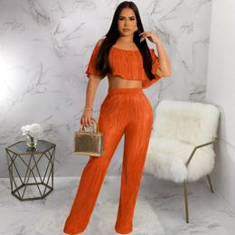 Women's Two Piece Pants Set Butterfly Sleeve Crop Top And Straight Suit 2023 Summer Streetwear Pleated 2 Outfit Tracksuit