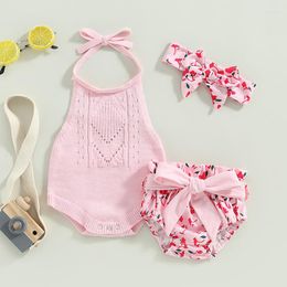 Clothing Sets Listenwind 0-2Y Baby Girls 3Pcs Summer Outfits Sleeveless Knit Romper Belted Shorts Headband Set Infant Clothes
