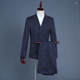 Men's Suits Suit Dress Stage Performance Po Studio Theme Host Navy Blue White Stripe Vest Three-piece