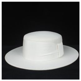 100% Wool Women White Flat Top Hat With White Ribbon Fedora Hat Wide Brim Fascinator Size 56-58CM311Q