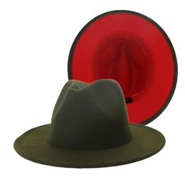 New Outer Army Green Inner Red Patchwork Wool Blend Vintage Men Women Fedora Hats Trilby Floppy Jazz Belt Buckle Felt Sun Hat2619