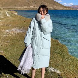 Women's Trench Coats Mid Length Alpine Down Jacket Over The Knee Trendy Winter Loose Coat With Big Fur Collar Temperamental Commute
