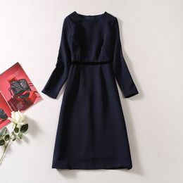 2023 Autumn Dark Blue Solid Colour Panelled Dress Long Sleeve Round Neck Knee-Length Casual Dresses A3S150831-07