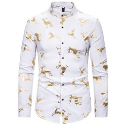 Whole-Men's Mandarin Collar Dress Shirts Hipster Gold Elk Foil Print Christmas Shirt Men Slim Fit Long Sleeve Tuxedo Shir223w