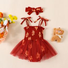 Rompers 0824 Lioraitiin 024M Baby Girl Christmas Sleeveless Gingerbread Man Tulle Patchwork Romper Dress with Hairband 230919