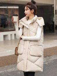 Women's Down Parkas 2023 Winter New Mid length Vest Large Pocket Thickened Hooded Sleeveless Jacket Vest Coat Cotton Padded Plus Size 3XL Coat L230920