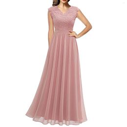 Casual Dresses Women's V Neck Sleeveless Lace Patchwork Chiffon Wedding Party Bridesmaid Long Dress