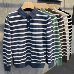 Men's Polos Korean Style Spring Autumn Long Sleeve Knitted Men Polo Shirts Turn-down Collar Striped Casual