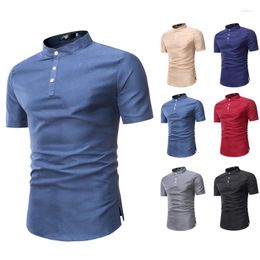 Men's Casual Shirts Standing Collar Short Sleeved Shirt With Three Button Solid Color