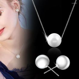 Necklace Earrings Set SINLEERY Simple OL Lady Single Pearl Choker Stud Gold Color Chain Bridal Wedding Jewellery TZ035