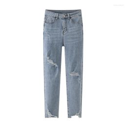 Women's Jeans Perforated For Spring/Summer Small Figure Light CColor Retro Straight Tube Nine Point Smoke Pipe Pants