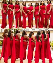 2023 Elegant Arabic Red Mermaid Bridesmaid Dresses One Shoulder Side Split Floor Length Long Wedding Guest Dress Formal Maid of Honor Gowns