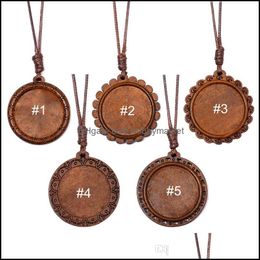 Jewellery Settings Wood Pendant Tray Setting Fit 30Mm Glass Cabochon Neckalce Making Adjustable Wax Thread String Vintage Hand Dhgarden Otdw8