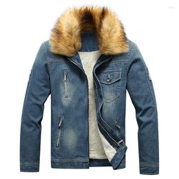 Men's Jackets Man Fashion Ripped Denim Fleece Lined Thick Warm Jeans Overcoat With Fur Collar Thermal Parkas Outerwear Plus Size S-6XL