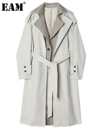 Women's Trench Coats EAM Women Gray Colorblock Big Size Lapel Long Sleeve Loose Fit Windbreaker Fashion Spring Autumn 2023 1DE6476 230920