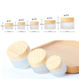 wholesale Frosted Glass Jar Skin Care Eye Cream Bottle Refillable Jars Cosmetic Container Pot with Plastic Wood Grain Lids ZZ