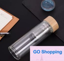 450ml Bamboo Lid Water Cups Double Walled Glass Tea Tumbler With Strainer And Infuser Basket Glass Water Bottles Wholesale