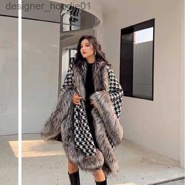 Women's Wool Blends 2023 New World Beauty Silver Fox Hair Collar Houndstooth Woolen Cloth Shawl Cloak Faux Fur Coat Women L230920