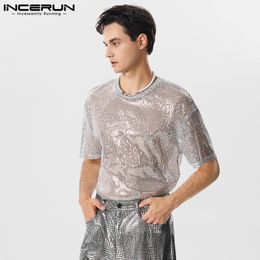 Men's T-Shirts INCERUN Men T Shirt Sparkling Sequin O-neck Short Sleeve Party Fashion Tee Tops Men Streetwear Loose Transparent Camisetas S-5XL 230920