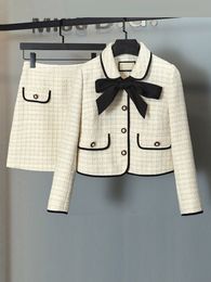 Two Piece Dress Fall Winter French Vintage Fragrance Tweed Sets Office Ladies Elegant Bow Collar Coatsmini Skirt Luxury Clothing 230920