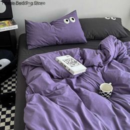 Bedding sets Cute Big Eyes Bedding Set Twin Full Queen Duvet Cover Set cases For Adult Kids Bed Linen Solid Colour Bed Flat Sheet Kawaii Q230920