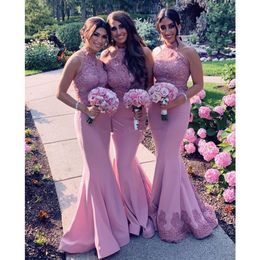 New Charming Lace Mermaid Bridesmaid Dresses Halter Neck Applique Beaded Wedding Guest Dress Sequined Maid Of Honor Gowns robes de304e
