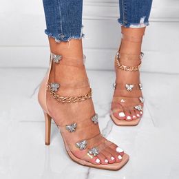 Dress Shoes High Heeled Foreign Trade Sandals For Women Rhinestone Butterfly Chain Transparent Thin Square Toe Women's