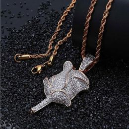 Rose Gold Silver Gold Rose Shape Pendant Gold CZ Bling Shine Hip Hop Pendant Necklace Cubic Zirconia 3D Pendant with 24inch Rope C269A