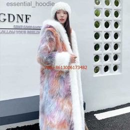 Women's Fur Faux Fur Rainbow Colorful Environmentally Fur Long Loose Style Artificial Fur Coat Women's Winter Fur Coat Hooded Fur Outdoor Winter Coat L230920