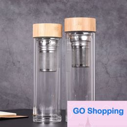 450ml Bamboo Lid Water Cups Double Walled Glass Tea Tumbler With Strainer And Infuser Basket Glass Water Bottles Top Quality