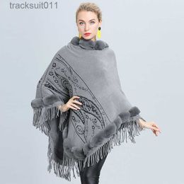 Women's Cape High Street Women Cloak Winter Thick Capes Knitted Faux Fur Patchwork Tassel Jacquard Florals O-neck Office Lady's Poncho Loose L230920
