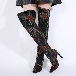 Boots Luxrury Women's Thigh High Stylish Plaid Embroidery Thin Heeled Long Zipper Lace Up Over The Knee Sequins 230920