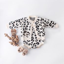 Clothing Sets 2023 Spring Autumn Baby Girls 2PCS Clothes Set Cotton Knitted Leopard Sweater Coat Strappy Rompers Suit Infant Outfits