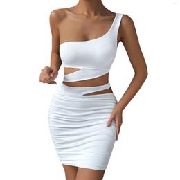 Casual Dresses Slanted Collar Short Dress Hollow Sexy Package Hip Skirt Two Piece Slim Solid Colour Off Shoulder Mini