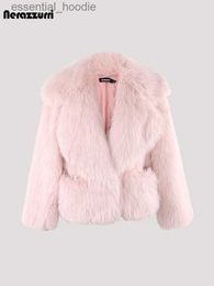 Women's Fur Faux Fur Nerazzurri Winter Short Loose Casual Hairy Soft Thick Warm Pink Faux Fur Coat Women with Big Collar and Pockets Fluffy Jacket L230920