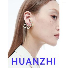 Stud Earrings HUANZHI Black White Puzzle Tassel Creative Hollowed Oil Drip Metal Ear Clips Y2K Personalised Punk Jewellery For Women