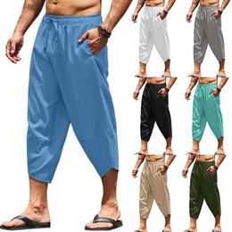 Men's Pants Loose Drawstring Elastic Waist Street Wear Summer Breathable Casual Beach Capris