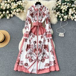 Vintage Palace Style Printed Dress 2023 Autumn New French Style Temperament Single breasted Waist Shirt Long Dress