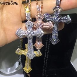 Vecalon 4 Color HIPHOP Big Cross pendant 925 Sterling silver 5A Cz Party Wedding Pendants with necklace for Women Men Jewelry203j