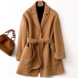 Womens Wool Blends Camel Double sided Cashmere Coat Short Small High end 100 Pure 230919
