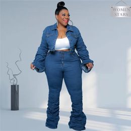 Plus size Dresses Denim Plus Size Sets Women 2 Piece Set Puff Long Sleeve Jacket Stretch Stacked Jeans Fall Winter Clothes Wholesale Drop 230920