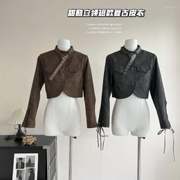 Women's Leather Y2K Vintage Biker Stree Coat Strappy Sleeve Design High Street Sexy Baggy Single Breasted Coats