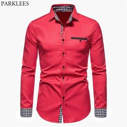 Men's Dress Shirts Parklees Red Plaid Patchwork Shirt Men 2021 Brand Formal Business Mens Long Sleeve Casual Button Down Chem247S